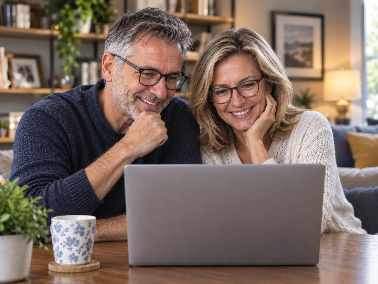 Couple smiling while bidding on a new car online with LetYouKnow on a laptop